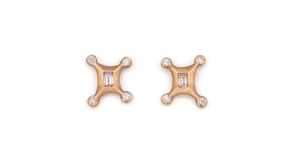 Jorge Valdes Fine Jewelry in Astoria, New York, designed by Jorge Valdes. A pair of 18-karat rose gold “Sparks” studs with round diamonds weighing 0.14 carats ($1,495) Jorge Valdes Fine Jewelry Sparks diamond studs